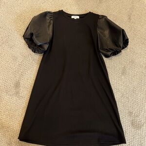 Black faux leather puff sleeve dress